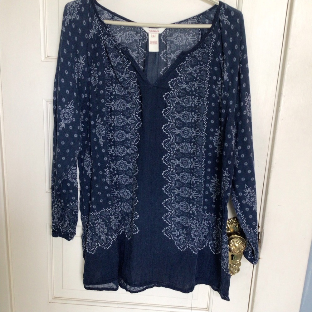 Sundance Navy Blue Floral Cotton Women's Blouse